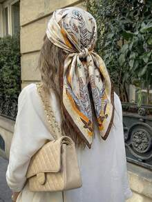 1pc Women's Fashion Elegant Feather Print Satin Bandana, Lightweight Casual Scarf For Spring/Summer, Smooth Sunscreen Shawl - Brown - View 4