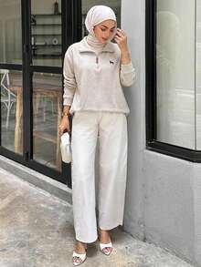 Livesso Pattern Printed Half-Zipper Leisure Sweatshirt,Ladies Spring/Fall Casual Embroidery,Patched,Zipper Long Sleeve Collar Regular Fit Regular Light Grey Viscose Drop Shoulder Half Placket Women Hoodies,Long Sleeve Tops - Light Grey - View 4