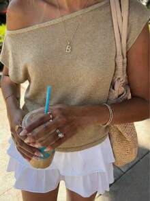 Masa 夏季轻盈金属针织不对称领女式蝙蝠袖针织上衣，日常穿着 - 卡其色 - 查看 3