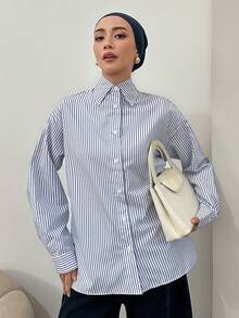 DAZY 条纹翻领宽松长袖长款女士衬衫，正面有纽扣，长袖上衣 Y2k 夏季 - 藍色 - 查看 6