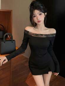 性感蕾丝拼接长袖T恤，法式时尚露肩修身短款上衣 - 黑色 - 查看 4