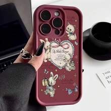 复古爱心卡通兔子、猫和熊毛绒玩具图案手机壳，适用于 17 Pro Max、16、15、14 Pro Max、13、12、11、XS Max、X、XR、16E、16 Plus、17 Air，防震保护套 - 酒紅色 - 查看 3