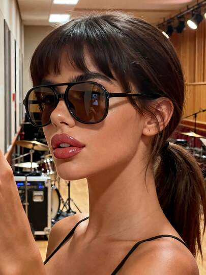 1 Pair Unisex Brown Large Frame Aviator Glasses, Stylish Personalized Glasses Suitable For Daily, Outdoor, Street, Driving, Travel, Party