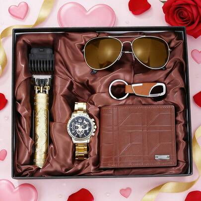 Valentine's Day Men's Luxury 5-Piece Gift Set: Dragon Texture Hair Trimmer + Gold Wristwatch + Brown Leather Wallet + Decorative Glasses + Keychain, High-End Practical Gift Set