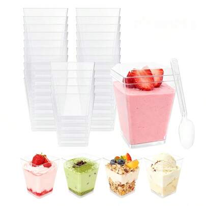 5盎司迷你方形甜点杯套装，带盖和勺子，适用于开胃菜、酸奶、慕斯、冰淇淋、蛋奶沙司 - 可重复使用的透明容器，非常适合生日、婚礼、节日（开斋节、慕尼黑啤酒节）礼物、派对、节日甜点