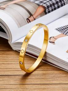 1pc Fashionable Stainless Steel Rhinestone Inlaid Bracelet For Women, Suitable For Daily Wear - Yellow Gold - View 4