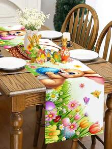 1pc Spring Easter Bunny Table Runner, Vibrant Rabbit, Egg, Flower & Butterfly Pattern Tablecloth, Seasonal Spring Kitchen Dining Table Decor, Holiday Party Outdoor Decoration, Happy Easter Home Decor, Farmhouse Style Gift, Size 13x70 Inches - Multicolor - View 9