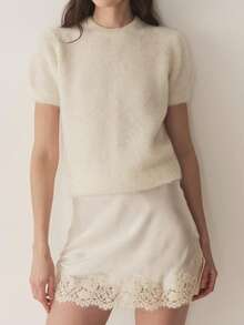 2026 Women Lace Trim Silk Mini Skirt Lacy Satin A Line Half Silp Short Skirt Cute High Waist Underskirt - 香檳色 - 查看 7