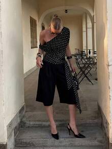 HoloChill 女士休闲波点蝴蝶结肩带上衣，2026 新款百搭弹力腰衬衫，夏季休闲装，女士春季服装，女士假日派对上衣，女士沙滩装，女士优雅夏季度假上衣 - 黑色 - 查看 3