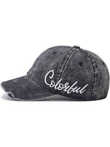 1pc Unisex Baseball Cap With Embroidered English Letter, Distressed Denim Soft Crown Curved Brim Hat - Multicolor - View 3