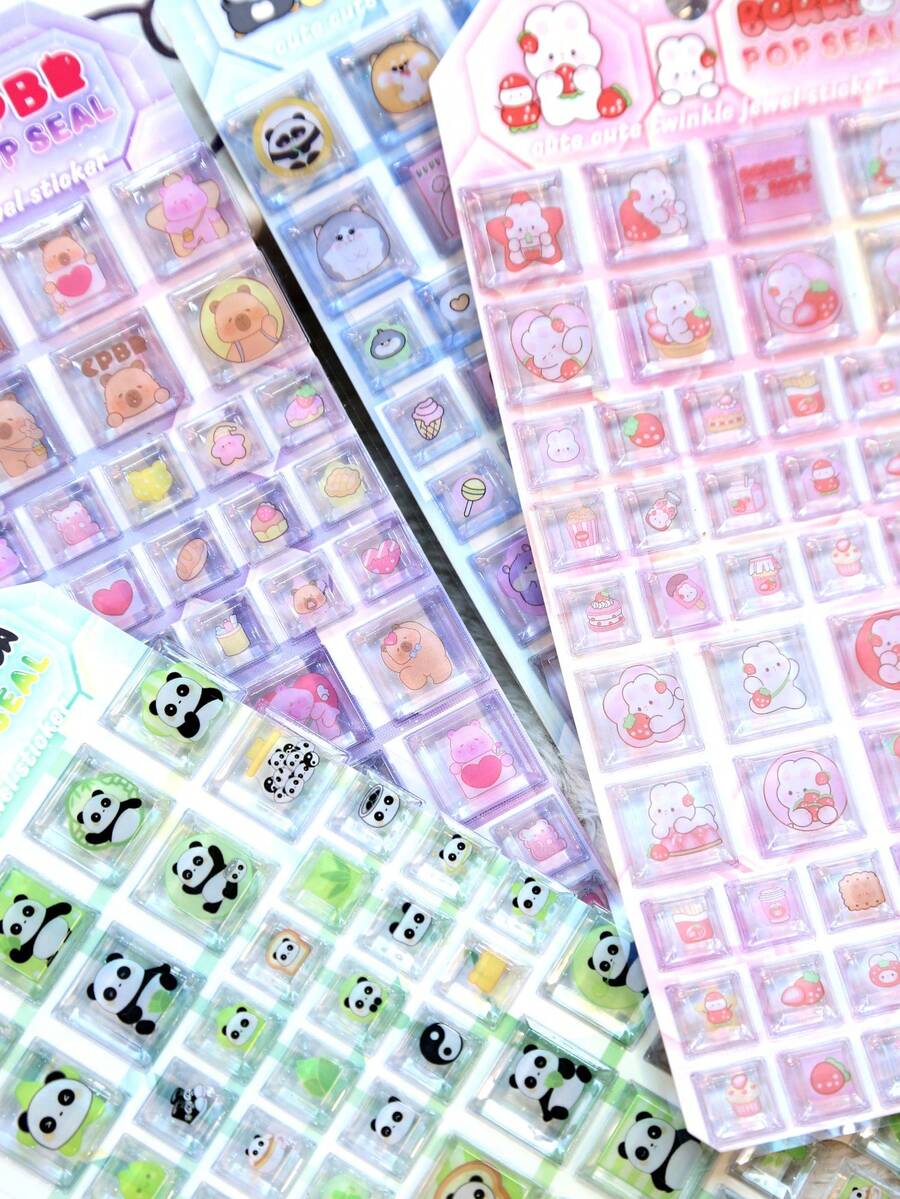 Cute Blocky Pet Series Panda And Rabbit 3D Stickers, Cute Cartoon 3D Epoxy Resin Sticker Set | For Smartphones, Planners, Cups, And Sticker Art | Smooth Surfaces, High-Quality Resin, Craft Stickers, Self-Adhesive Stickers, Stationery Lovers, DIY Fans - Multicolor - View 1