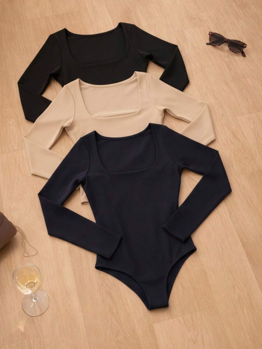 Set Of 3 Women's Bodysuits, Second Skin Style, Square Neckline, Long Sleeves, Casual Fashion, Versatile, Soft Spandex, Lined With Elastane, High Fashion Blogger Style - 海軍藍-黑色-米色 - 查看 1