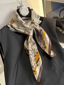 1pc Women's Fashion Elegant Feather Print Satin Bandana, Lightweight Casual Scarf For Spring/Summer, Smooth Sunscreen Shawl - Brown - View 5