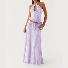 Y2k Ruffle Long Skirt Sets For Women 2 Piece Outfits Summer Ruched Backless Cami Top Matching Boho Maxi Skirt Set - Purple-a - View 1