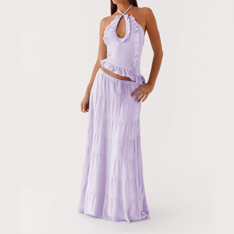 Y2k Ruffle Long Skirt Sets For Women 2 Piece Outfits Summer Ruched Backless Cami Top Matching Boho Maxi Skirt Set - Purple-a - View 1