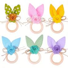 6 Pcs Easter Bunny Ears Napkin Rings Set Creative Dot Rabbit Ears Napkin Ring Holders With Flower Farmhouse Tissue Rings For Spring Dining Table Party Holiday Decor - Multicolor - View 1