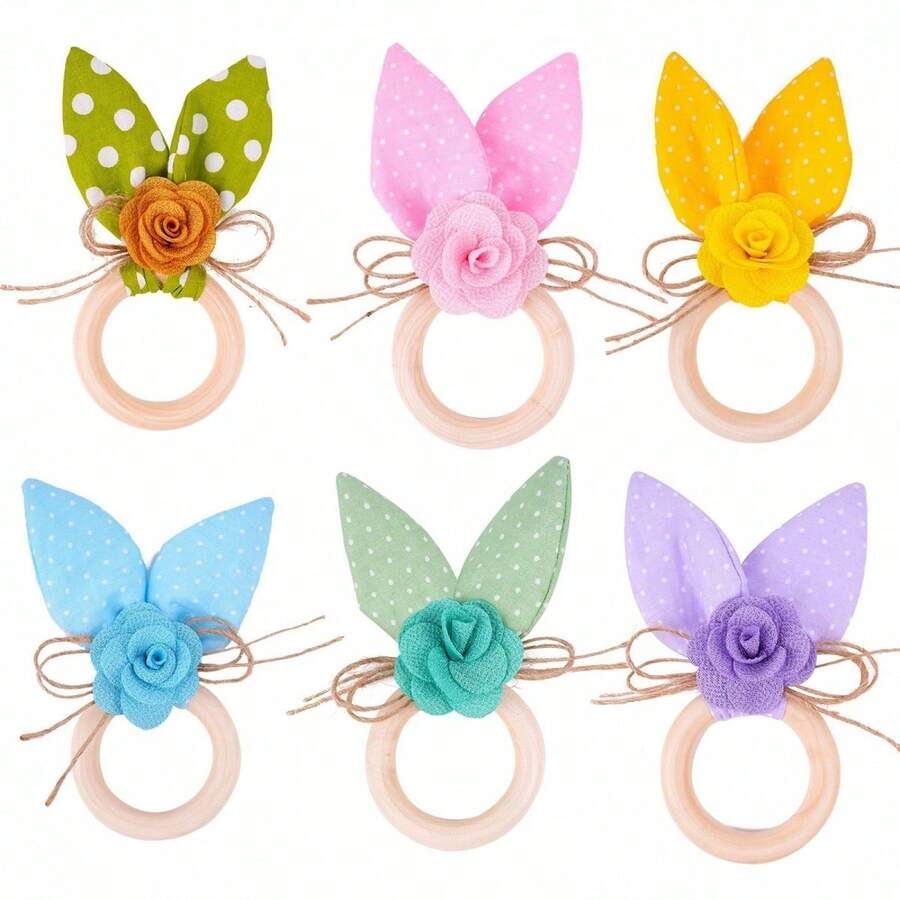 6 Pcs Easter Bunny Ears Napkin Rings Set Creative Dot Rabbit Ears Napkin Ring Holders With Flower Farmhouse Tissue Rings For Spring Dining Table Party Holiday Decor - Multicolor - View 1