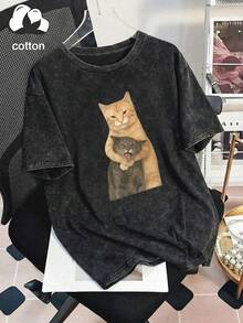 Camiseta de manga corta casual con estampado de gato para mujer, adecuada para el Día de San Valentín, vacaciones, uso en verano, color negro - Negro - Ver 3