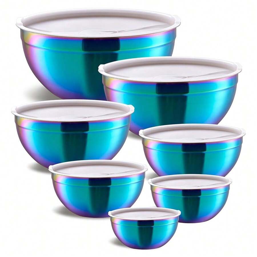 Colorful Mixing Bowls With Airtight Lids, Stainless Steel Nesting Mixing Bowls Set Of 7, Ideal For BaFKing, Prepping And Serving Food, Size 7, 3.6, 2.7, 2.1, 1.5, 1.1,0.8 QT, Stackable Design - 豐富多彩的 - 查看 1