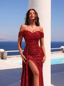 ADYCE 这款荷叶边露肩开衩亮片长款鸡尾酒礼服，配以长款丝带，适合约会之夜、盛大晚宴、婚礼宾客着装、正式晚礼服、长款连衣裙、新年礼服等各种场合，也适合情人节、春季优雅派对等场合。 - 紅色 - 查看 5