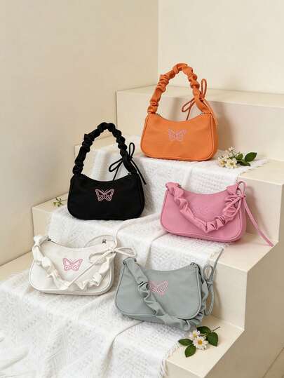 1 pieza Nuevo bolso de moda simple de un solo hombro de nailon, bolso bordado de moda para debajo del brazo, bolso versátil de un solo hombro con mariposa, bolso de nicho de alta gama de moda lindo y dulce con pliegues en forma de nube, bolso de un solo hombro de estilo universitario de gran capacidad, bolso retro para debajo del brazo