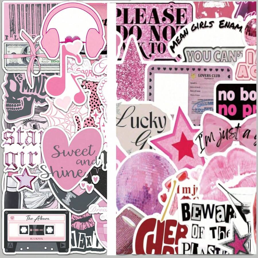 100张粉色幸运贴纸，美观贴纸，Y2K风格贴纸，Y2K主题贴纸，Y2K礼物，复古贴纸，90年代贴纸，Y2K周边，防水贴纸，适用于笔记本电脑、手机、汽车、滑板、水瓶、记事本、笔记本 - 淺粉色 - 查看 1