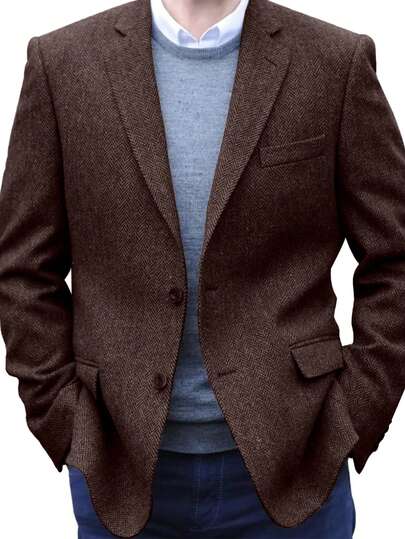 Conjunto de traje de tweed espiga de Furuyal para hombre, chaqueta de traje individual, conjunto de traje elegante para hombre, traje formal ajustado de unicolor y doble botonadura para caballero, traje formal de negocios de una sola botonadura para boda, estilo vintage para banquete, color marrón oscuro, tallas XS-3XL