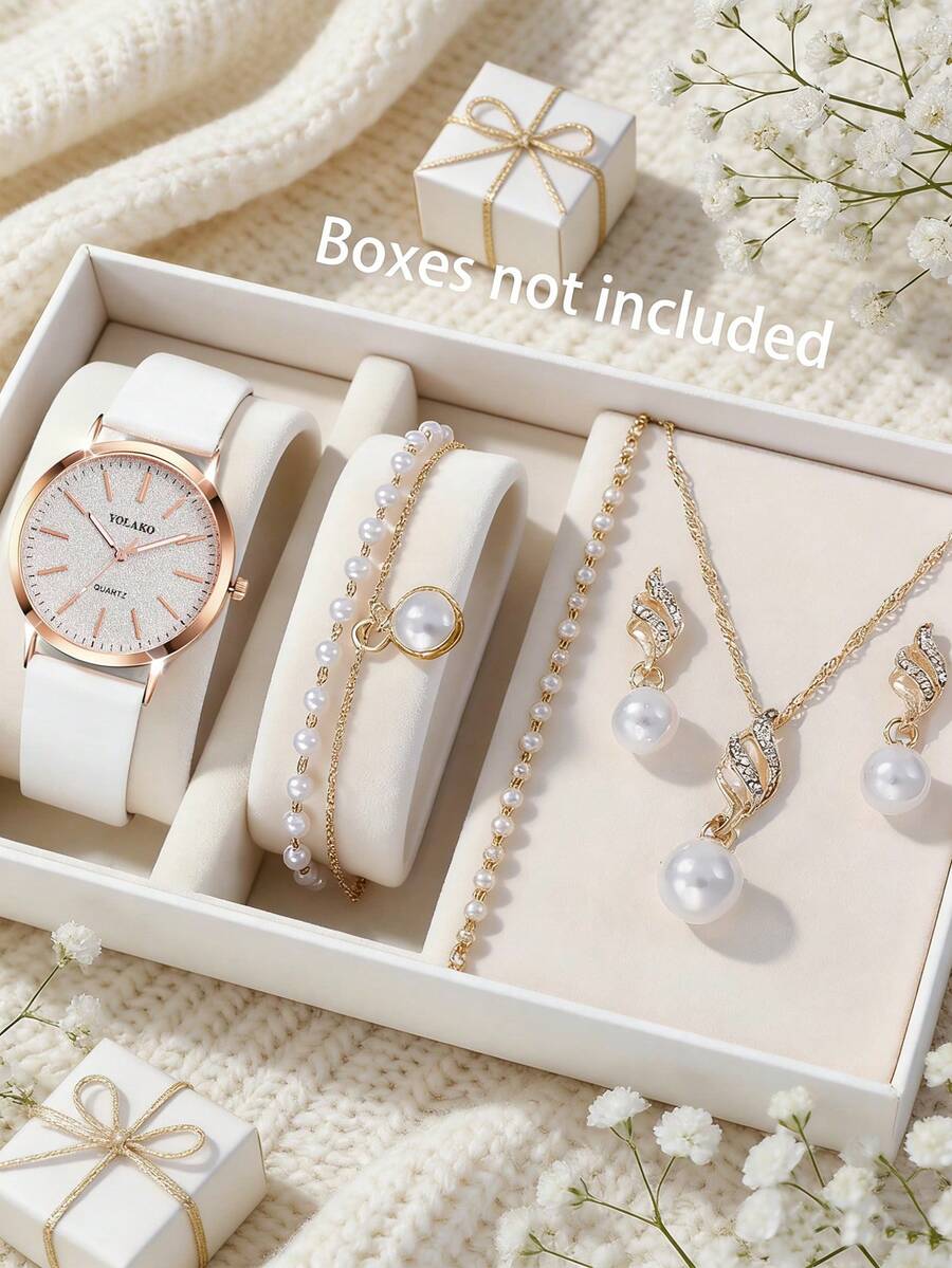 Bộ trang sức vàng cao cấp 5 món dành cho nữ, bao gồm đồng hồ thạch anh thời trang (dây đeo trắng, mặt số lấp lánh), vòng tay ngọc trai, dây chuyền mặt dây chuyền ngọc trai hai lớp và bông tai ngọc trai, một bộ sưu tập đồng hồ thạch anh tinh tế. - trắng - Xem 1