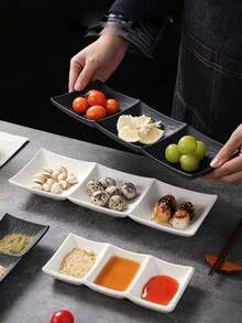 1pc Ceramic Appetizer/Snack Plate, Elegant Compartment Dish For Sauces, Dips, Nuts, Home Use - Black - View 5