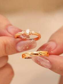 CVNANA 2 piezas Anillos de pareja de circonita, anillos de compromiso de boda "Te amo" regalo del Día de San Valentín - Amarillo Oro - Ver 3