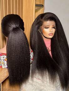 ZHUICHAO 女士黑色 Yaki 直发预拔毛婴儿发巴西原生人发混纺假发 13x4 大面积高清透明蕾丝前假发 180% 密度预拔毛婴儿发卷发直发蕾丝前假发 - 1B# - 查看 1