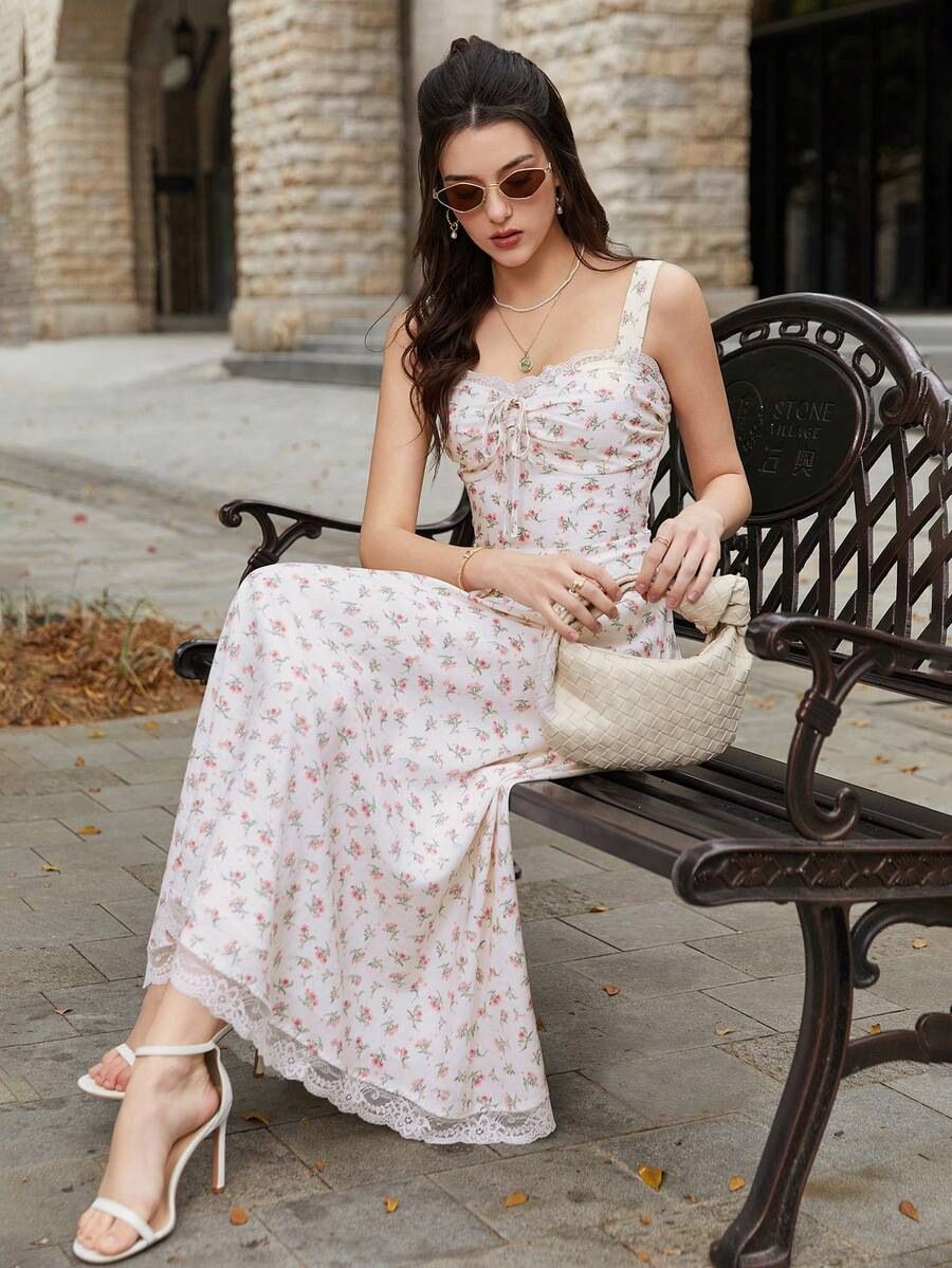 PARTHEA Elegant Sleeveless Strappy Cami Midi Dress With Knot Ruched Bust Backless Smocking And Floral Print Contrast Lace Detailing - Pink - View 1