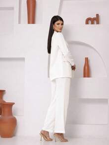 Women's Tailored Suit With Blazer And Elegant Dress Pants. Fabric With Pockets, Buttons At The Front, Zipper. Blazer And Wide-Leg Pants Set For Office, Travel, Tea Party, Spring/Autumn. - trắng - Xem 3