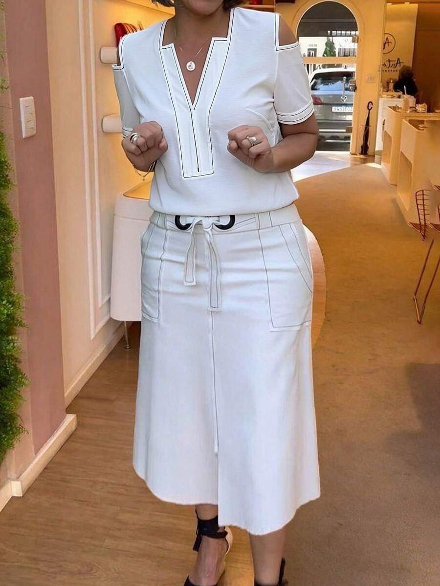Women White Off Shoulder Short Sleeve V Neck Non Stretch Tops With Clean Stitch Casual Dressy Blouses For Office Daily Work Date Wear(JH25174) Summer - White - View 1