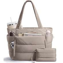 Bagstellar Puffer Tote Bag For Women, Lightweight Puffy Work Handbag Teacher Nurse Quilted Shoulder Bag For Schoolsss Travel Gym | Cloud Bag W/ Zipper, Daily College Bags, 15.6\ Computer Bag, Clinical Nursing Bag, 40 OZ Tumbler Holder, Ideal Gift For Women-3539 - 麥片 - 查看 1