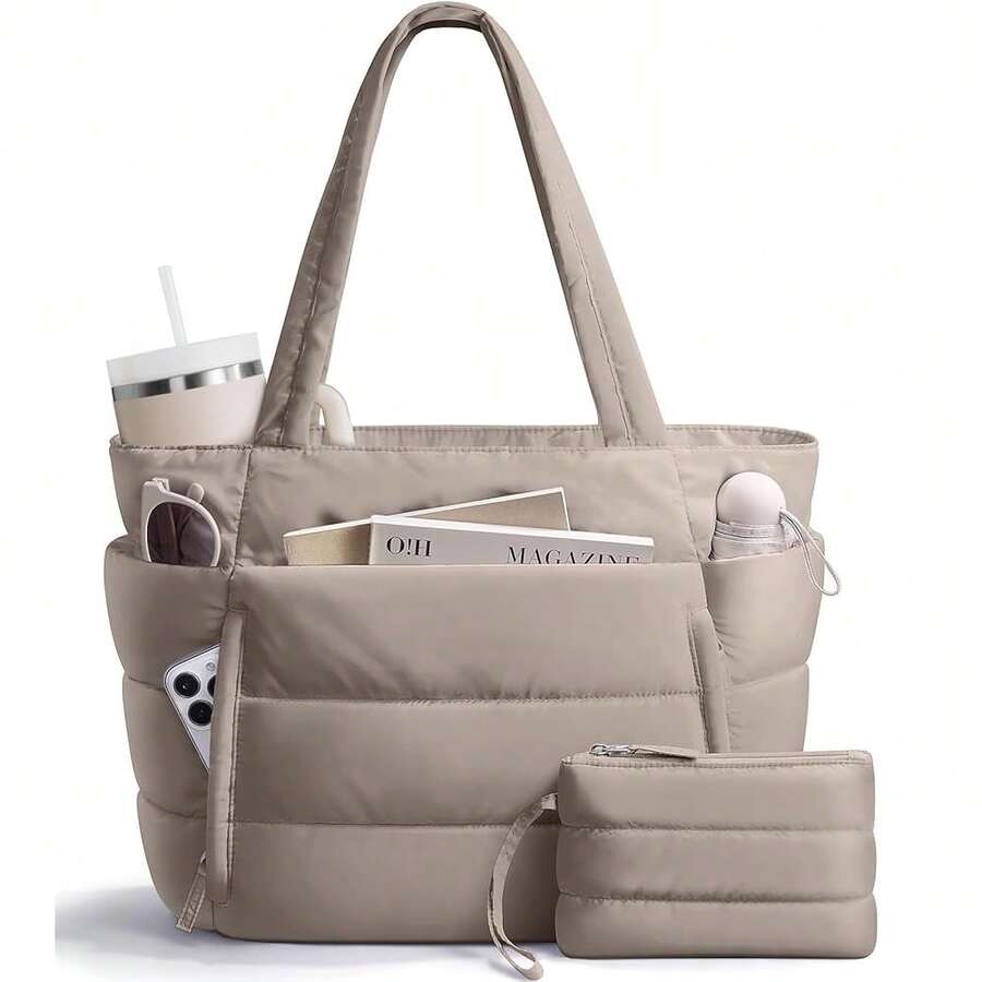 Bagstellar Puffer Tote Bag For Women, Lightweight Puffy Work Handbag Teacher Nurse Quilted Shoulder Bag For Schoolsss Travel Gym | Cloud Bag W/ Zipper, Daily College Bags, 15.6\ Computer Bag, Clinical Nursing Bag, 40 OZ Tumbler Holder, Ideal Gift For Women-3539 - 麥片 - 查看 1
