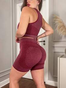 Premium Fitness Set: Shorts And Butt-Lifting Top, Zero Transparency. - Maroon - View 6