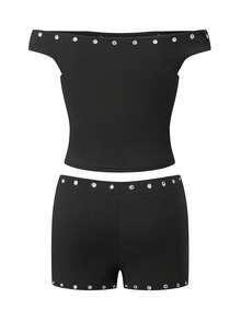 Women Summer Matching Set Off The Shoulder Studded Short Sleeve Top And Low Rise Micro Shorts 2 Piece Lounge Set - 黑色 - 查看 7