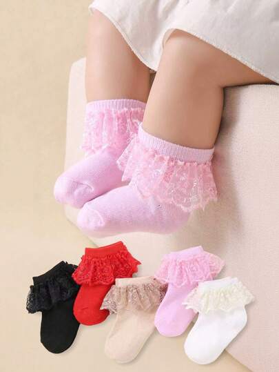 10/5/1 Pair Random Baby Girl Lace Trim Princess Socks, Mesh Breathable, Minimalist Versatile, Suitable For Pairing With All Outfits And Dresses, Everyday Wear And Gift, 0-36 Months Infant
