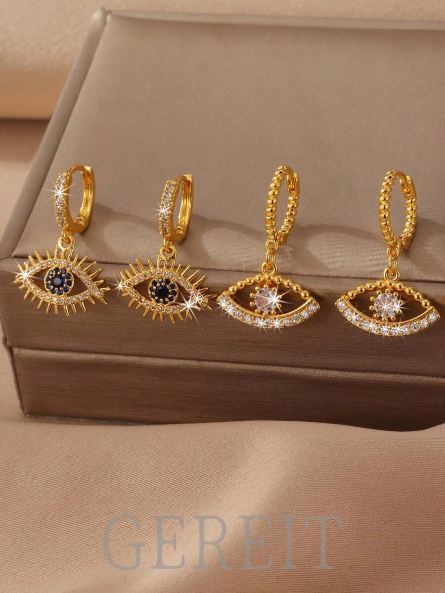 GEREIT 1pc Minimalist Fashionable Gold-Tone Copper Micro-Inlaid AAA Cubic Zirconia Blue Eye Pendant Earrings, Suitable For Women's Daily Wear - Multicolor - View 1