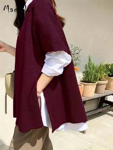 Suéter de punto sin mangas, cómodo y elegante, de unicolor, de talla grande, a la moda para otoño/invierno - Morado Violeta - Ver 2