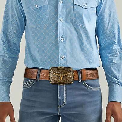 Western Leather Cowgirl Belt For Men Women Longhorn Head Buckle Waist Belt Floral Engraved Embossed Vintage Waistband For Jeans