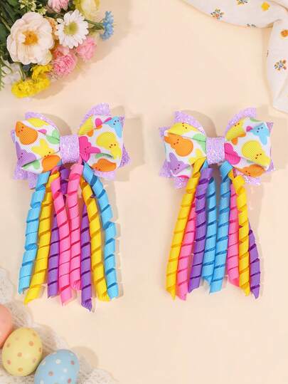 2pcs Easter Bunny Printed Hair Bows For Girls Colorful Curly Tassel Alligator Clips Glitter Purple Hair Clips Cute Sweet Barrettes Delicate Festival Headwear Adorable Daily Hairpins Teens Hair Accessories