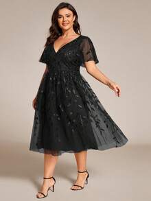 Đầm midi màu tím tay ngắn, cổ chữ V, họa tiết hoa, đính sequin, thanh lịch, phù hợp cho tiệc cưới mùa xuân/hè hoặc các buổi tiệc đen. - màu đen - Xem 4
