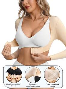 1 buc. Top modelator pentru femei, mânecă lungă, modelator de brațe, croială slim, închidere frontală, prietenos cu pielea, suport confortabil pentru postură, articol de îmbrăcăminte modelator în culoare uni - Caisă - Vizualizare 1