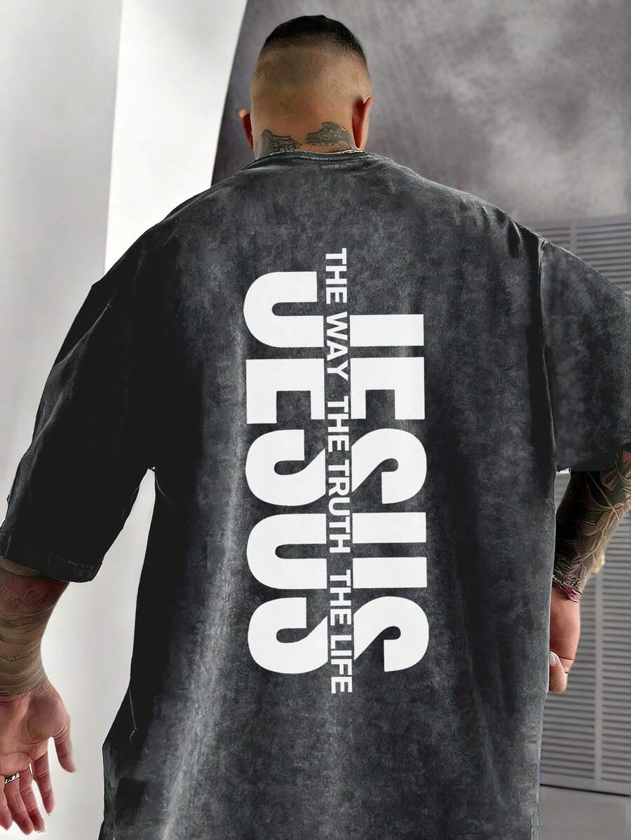 Zrgoth Camiseta de manga corta con elemento de eslogan en inglés de estilo americano minimalista y versátil casual para hombres - Gris Oscuro - Ver 1