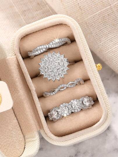 4 Pcs Gorgeous Cubic Zirconia Rings With Box For Women For Wedding Engagement Anniversary Party Jewelry Valentine's Day Gift