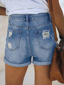 Women's Straight Leg Denim Shorts Medium Stretch Mini Length Raw Hem Distressed Casual Style With Button Closure - Blue - View 4