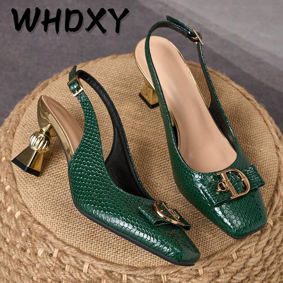 WHDXY 7cm Asymmetric Heel Green Crocodile Pattern Open-Back High Heels, Square Toe With Bow & Metal Buckle Decor, Elegant Dress Shoes Suitable For Commuting, Work, Dates And Parties - Green - View 1