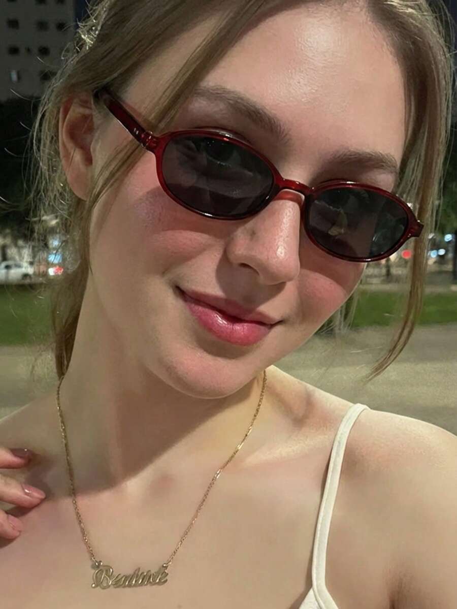 1副女士酒红色椭圆形PC小框复古纯色个性化街头风时尚眼镜 - 透紅框 - 查看 1